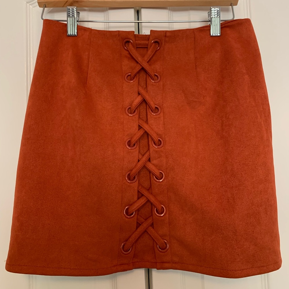 Faux suede skirt. Super comfy and stretches.